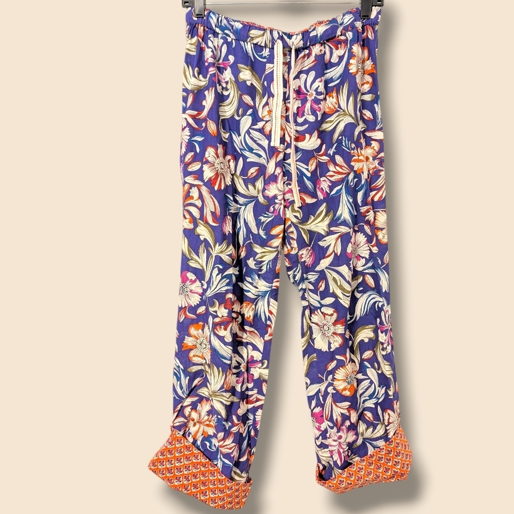 Anthropologie Blue Floral 100% Cotton Drawstring Pajama Pants XS Tropical